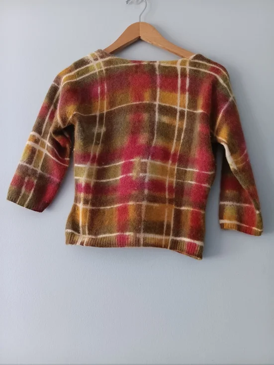 Vintage Cache Angora Blend Plaid Sweater M Fuzzy Cropped V Neck Knit - Picture 2 of 9